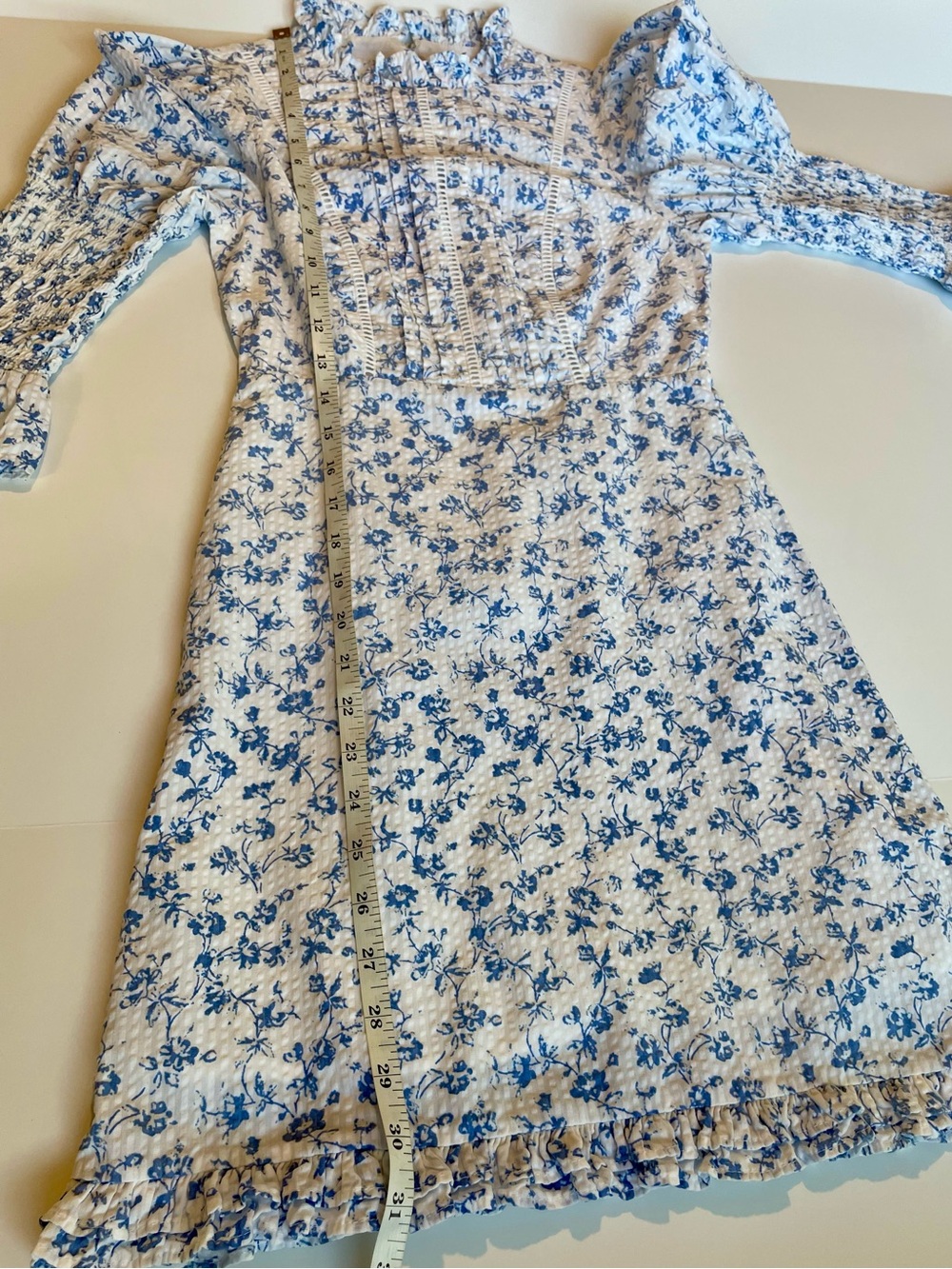 Laura Ashley x UO Maisy Mock Neck Mini Dress White Blue Floral Ruffle Eyelet XS - Picture 8 of 15